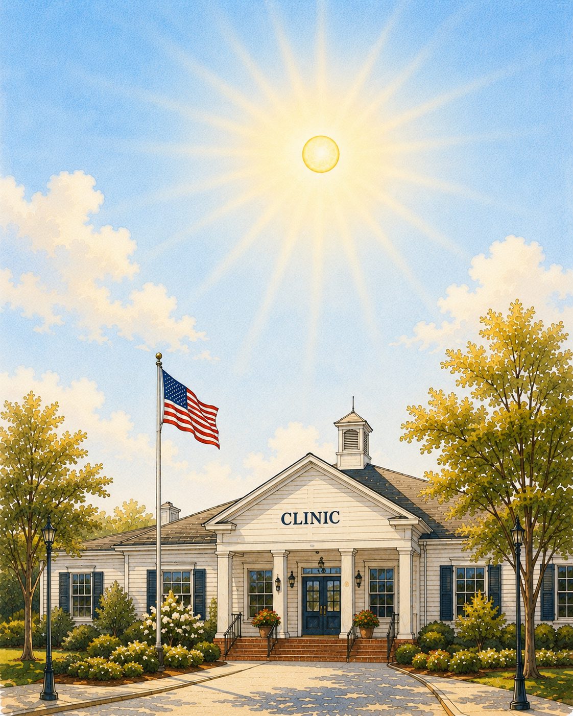 Watercolor illustration of a sunny small-town clinic with an American flag under a radiant sun